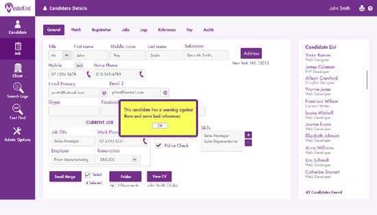 Popups and warnings in recruitment software for compliance